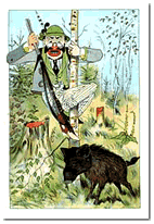 A man in a green hat and suit climbs a birch tree to escape a wild boar in a forest clearing.