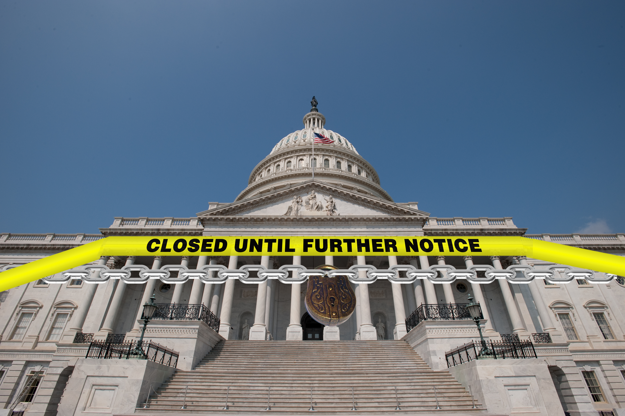 The U.S. Capitol building with a large chain and a yellow tape reading CLOSED UNTIL FURTHER NOTICE across the entrance.