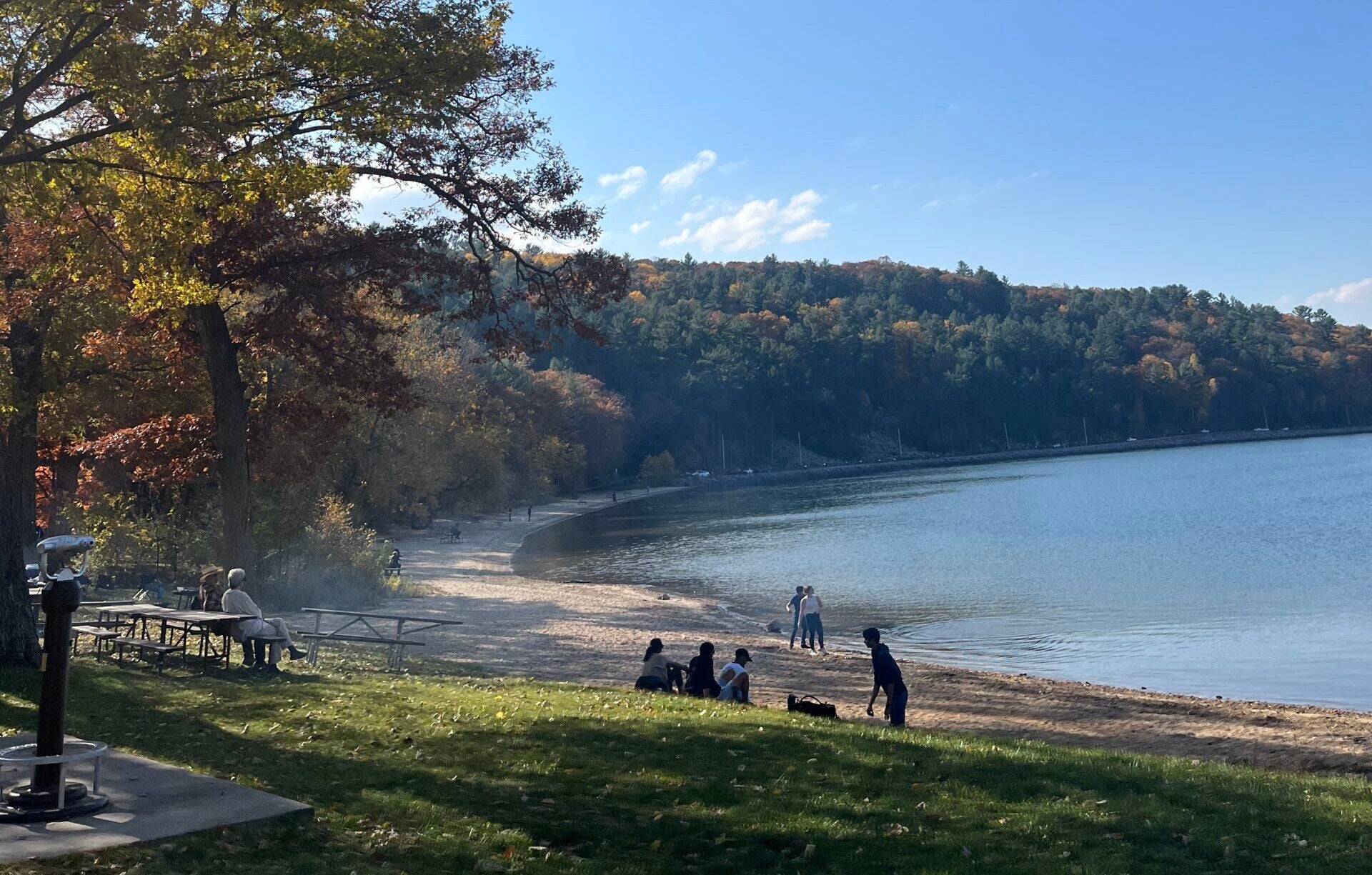 A lakeside scene with people on a sandy beach, trees with autumn leaves, and a clear blue sky.