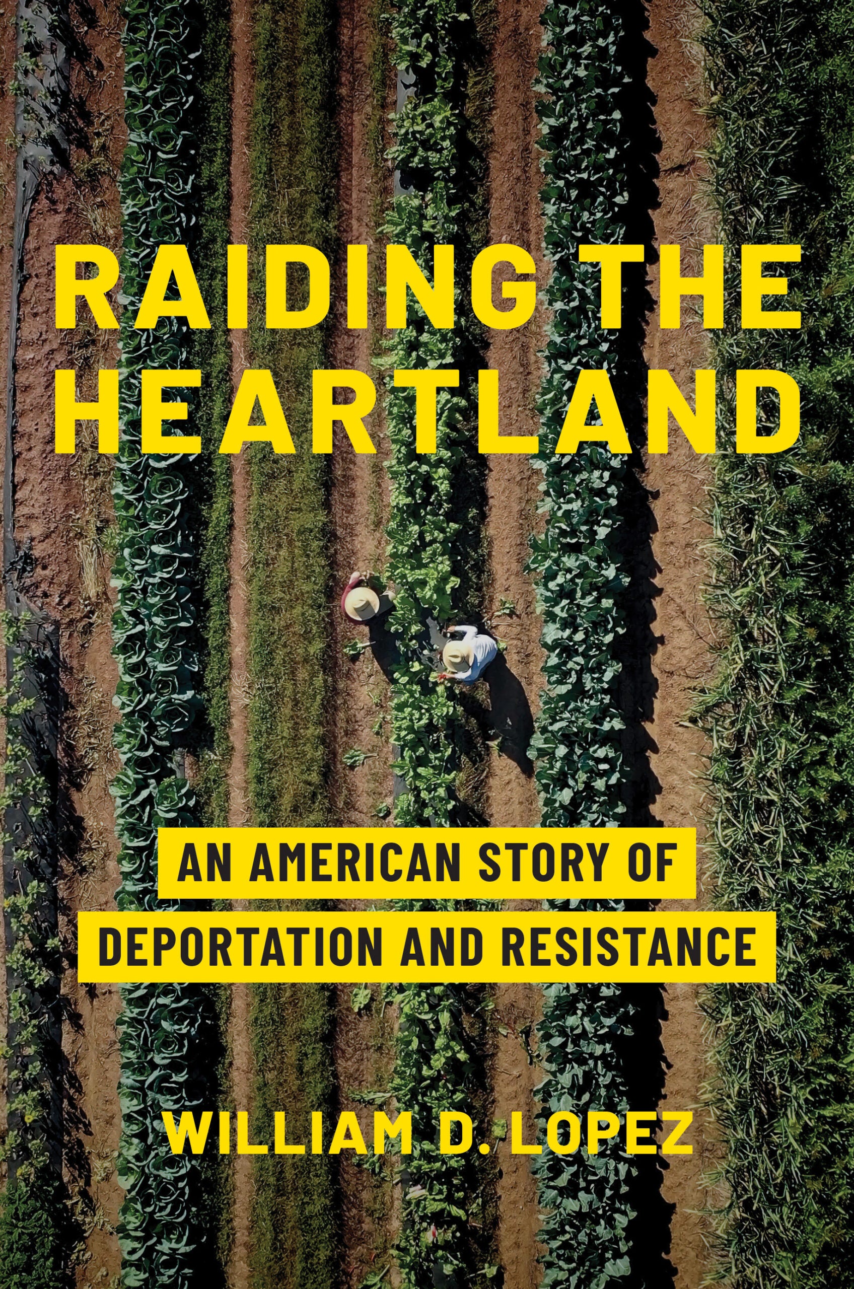 Aerial view of two people working in a crop field with the book title Raiding the Heartland: An American Story of Deportation and Resistance by William D. Lopez in bold yellow text.