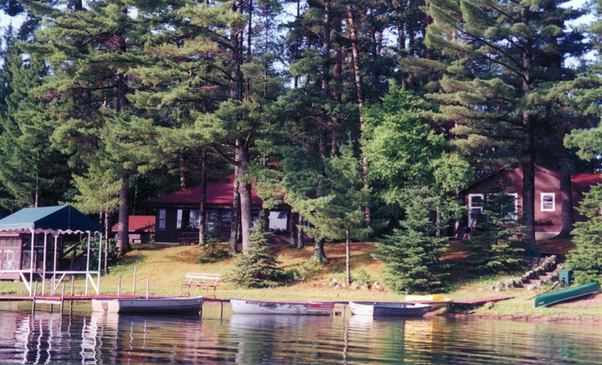 Cabins and boats are situated among tall trees by the edge of a calm lake, with docks and a covered boat slip visible in the foreground.