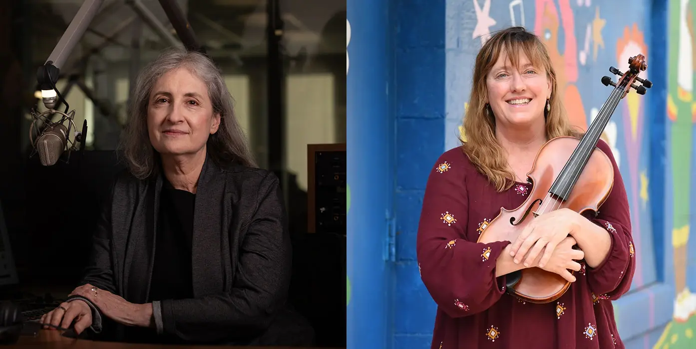Split image: On the left, a woman with gray hair sits at a radio studio desk. On the right, a woman with light brown hair stands outside holding a viola, smiling at the camera.