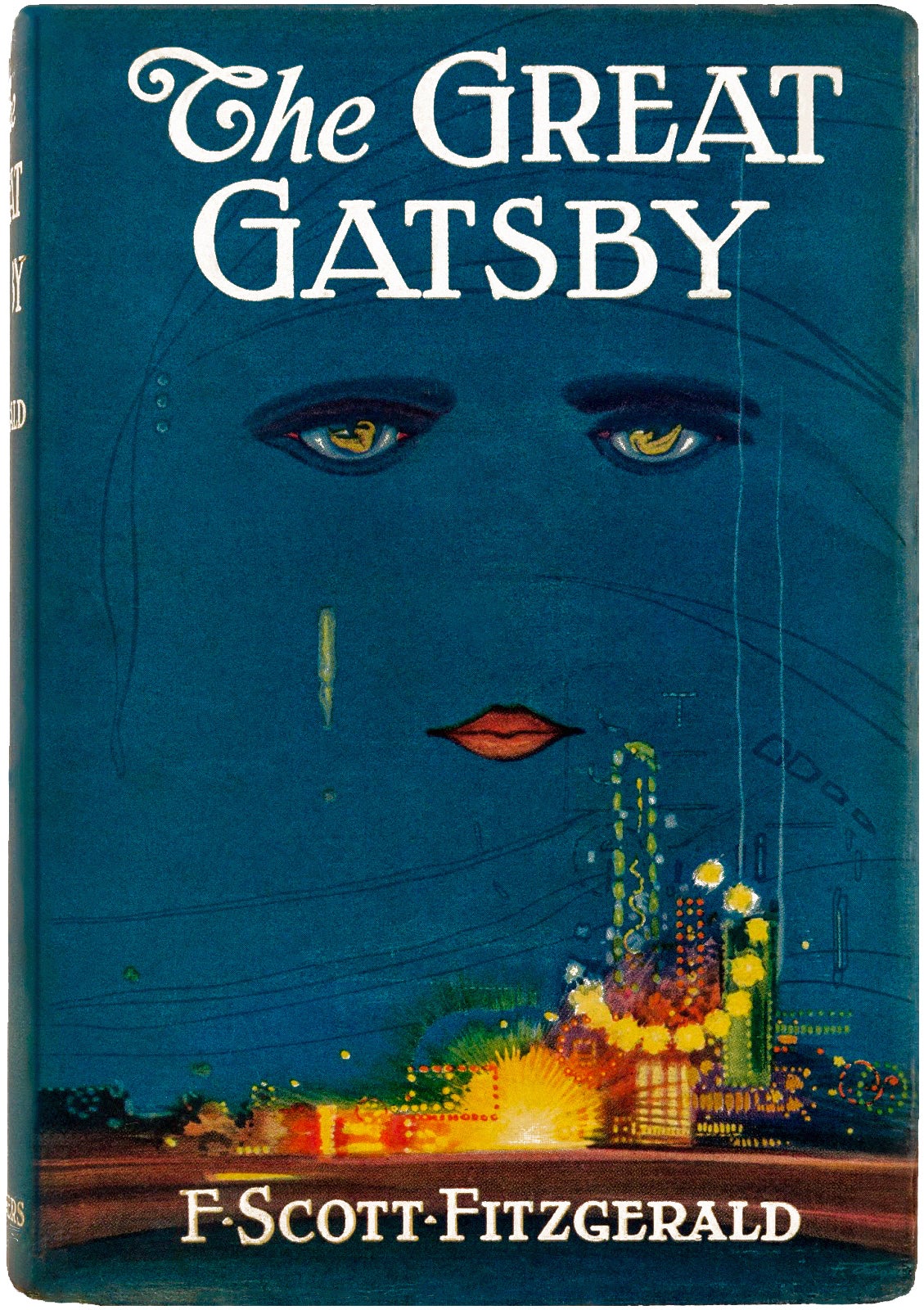 The cover of The Great Gatsby by F. Scott Fitzgerald features stylized eyes and lips above a colorful cityscape at night.