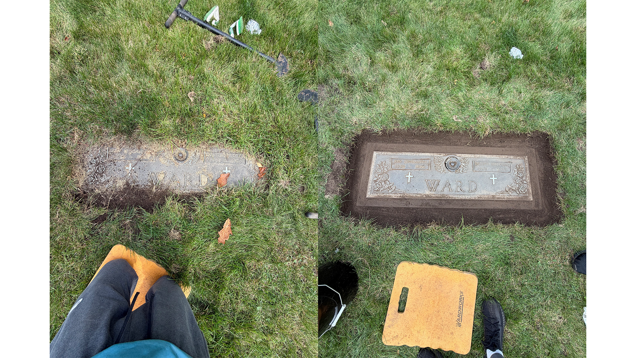 Two photos show a grave marker for Ward before and after cleaning; the left image shows it partially covered with dirt, the right image shows it cleaned and more readable.