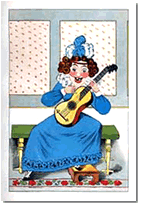Illustration of a woman in a blue dress and bonnet sitting on a bench, playing a guitar in front of a window with polka-dotted curtains.