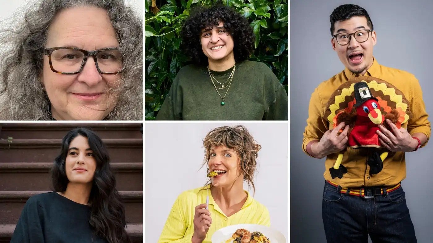 A collage of five people: four women and one man, each posing individually; one holds a turkey plush, and one woman holds a plate of food with a fork.