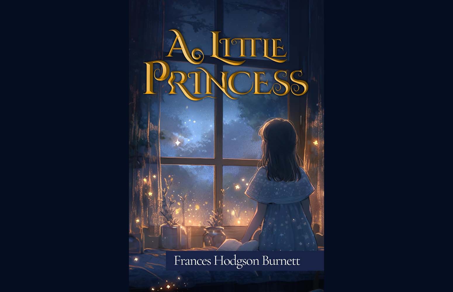 Book cover of A Little Princess by Frances Hodgson Burnett shows a girl in a white dress looking out a window at a starry night, with soft glowing lights around her.