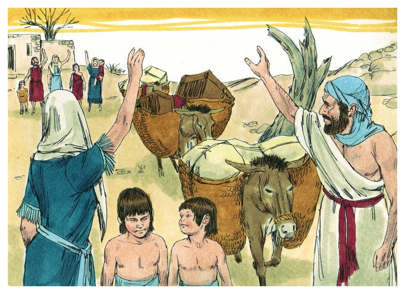 Two adults and two children wave goodbye to a group of people as they leave with two donkeys carrying supplies in baskets.