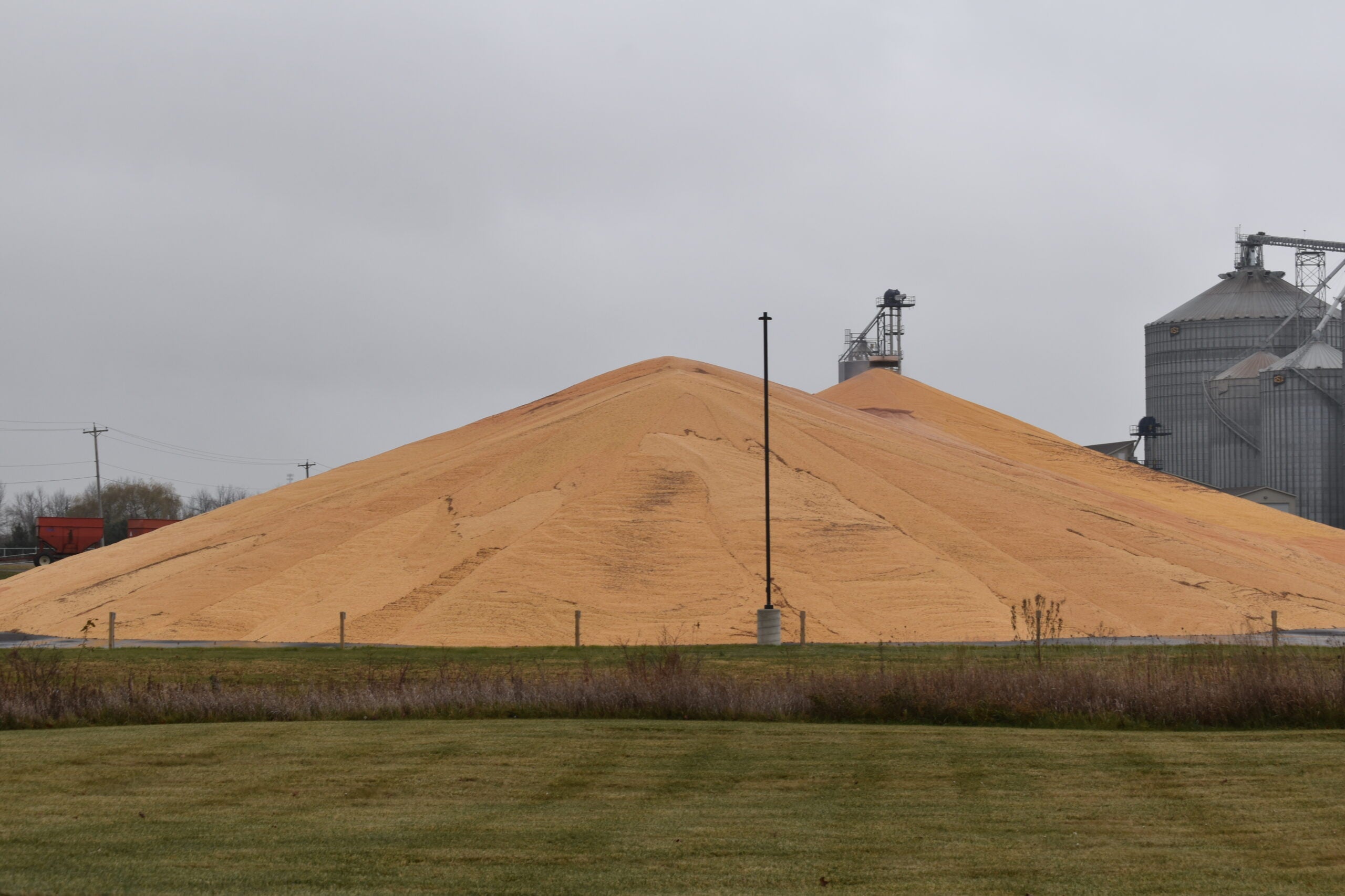 A large pile of harvested corn is stored outdoors near grain silos on a cloudy day.