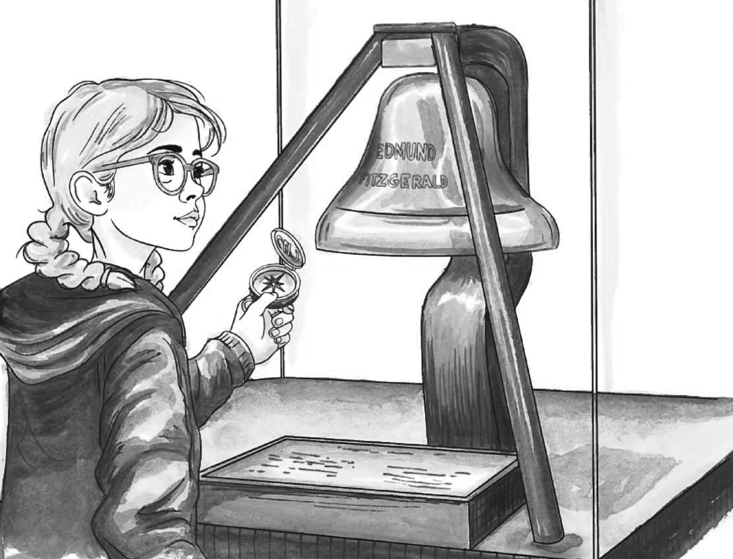 A person holding a compass stands in front of a display case containing a large bell labeled EDMUND FITZGERALD.