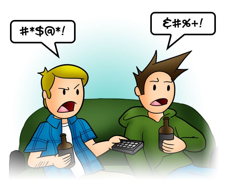 Two cartoon men sitting on a couch, holding beer bottles, angrily shouting censored expletives with one holding a remote control.