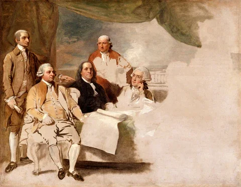 Five men in 18th-century attire are gathered around a table, with some seated and others standing, against a backdrop of draped green fabric and an unfinished canvas.