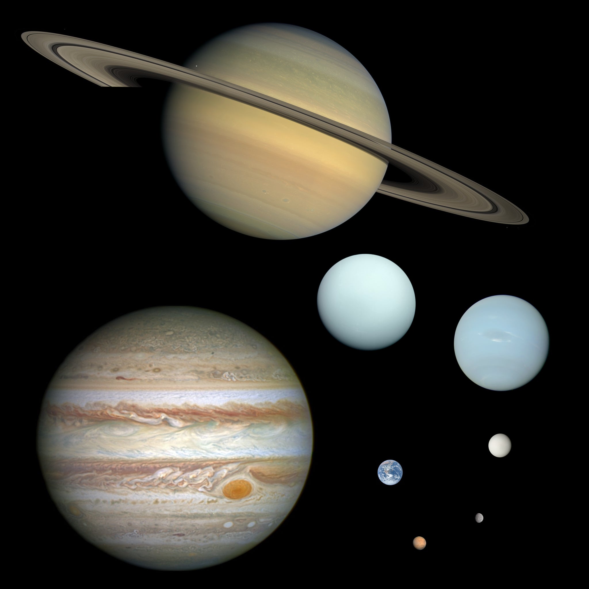 Planets of the solar system shown to scale, including Saturn, Jupiter, Uranus, Neptune, Earth, and several moons, all set against a black background.