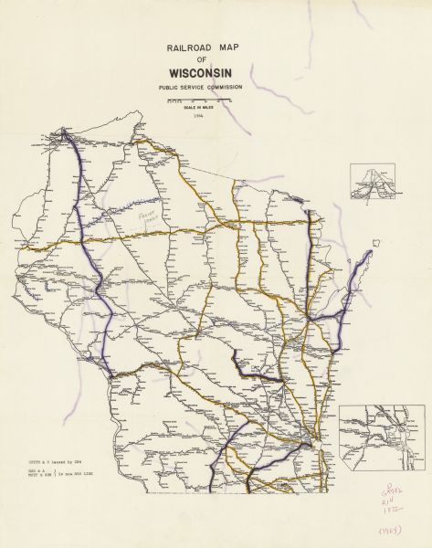 1938 map of Wisconsin displaying railroad lines across the state, with two smaller inset maps in the lower right and upper right corners.