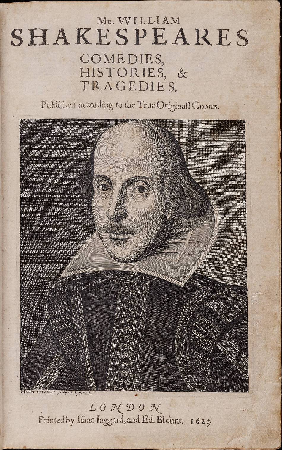 Title page of the First Folio of William Shakespeare’s plays, featuring an engraved portrait of Shakespeare and publication details from 1623.