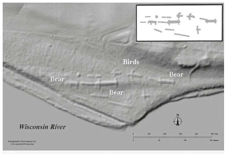 A grayscale aerial map shows the Wisconsin River and labeled effigy mounds shaped like bears and birds; an inset outlines the mound shapes.