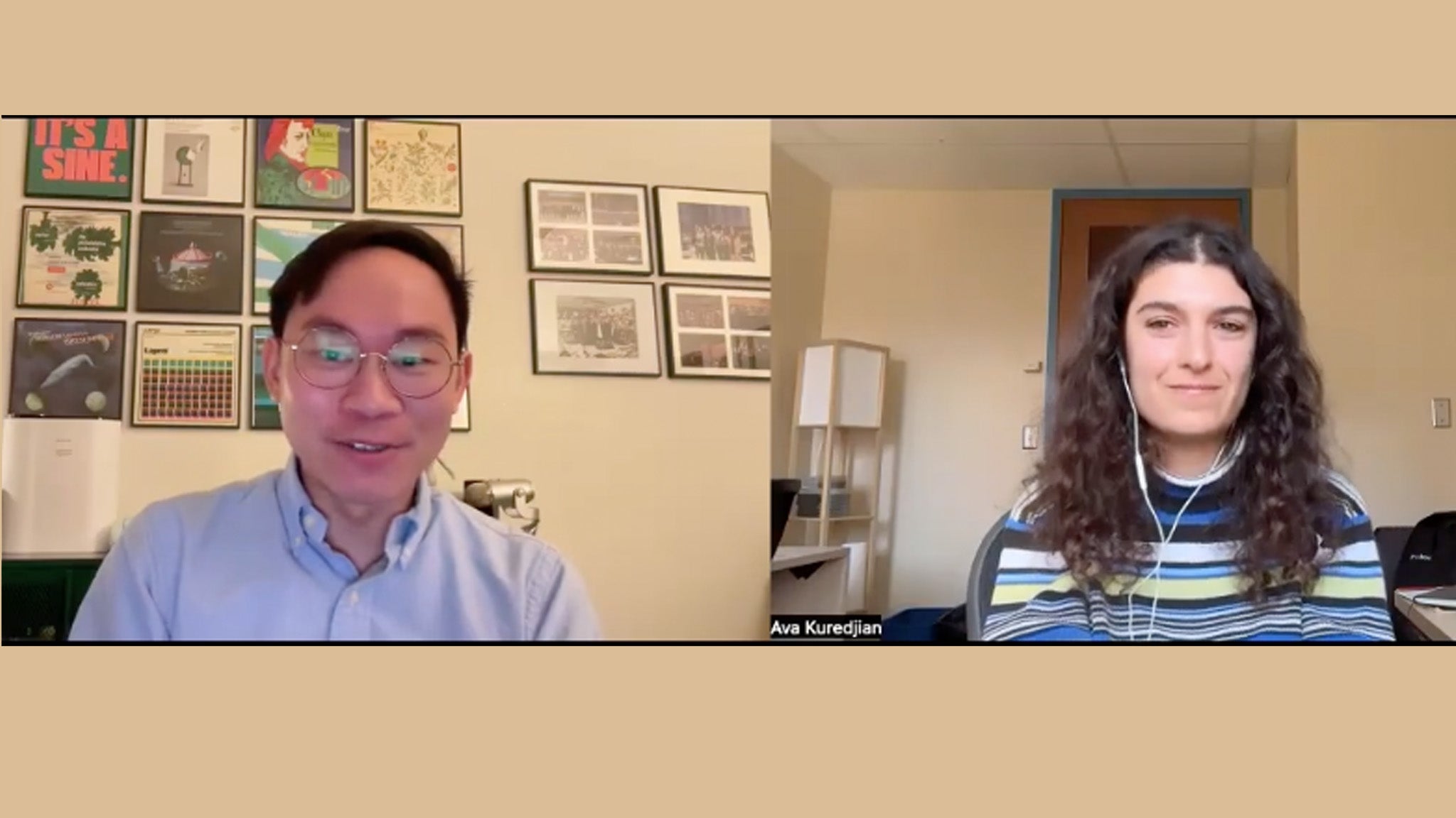 Two people are having a video call; the man on the left is in an office with framed pictures, and the woman on the right is in a room with light walls and headphones.