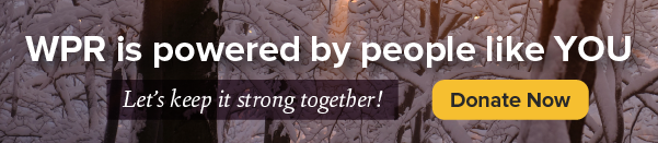 Banner with snowy tree branches in the background, text reads WPR is powered by people like YOU and a yellow Donate Now button.