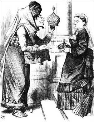 A woman in dark Victorian dress receives a crown from a bearded figure in turban and robe, who gestures with one hand and holds a box in the other.