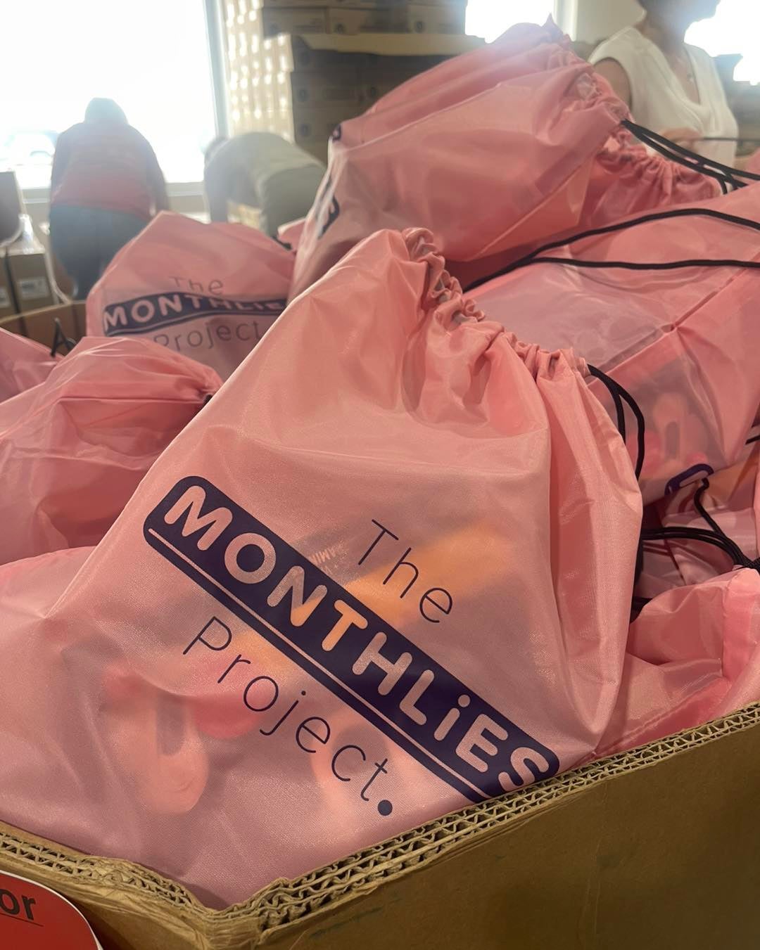 Several pink drawstring bags labeled The Monthlies Project are stacked inside a cardboard box.