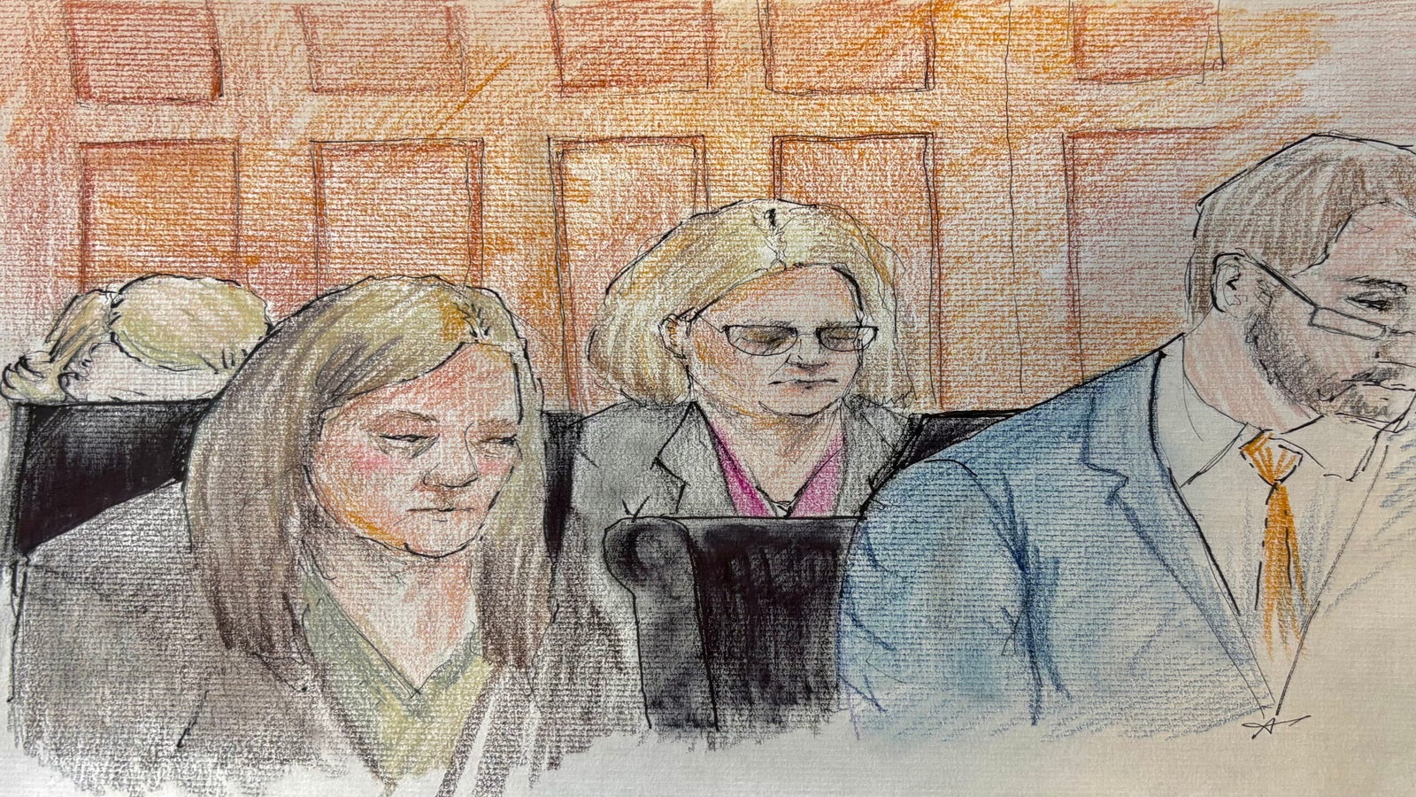 A courtroom sketch depicts three people seated, two women in business attire and a man in a suit with glasses, against a paneled wall background.