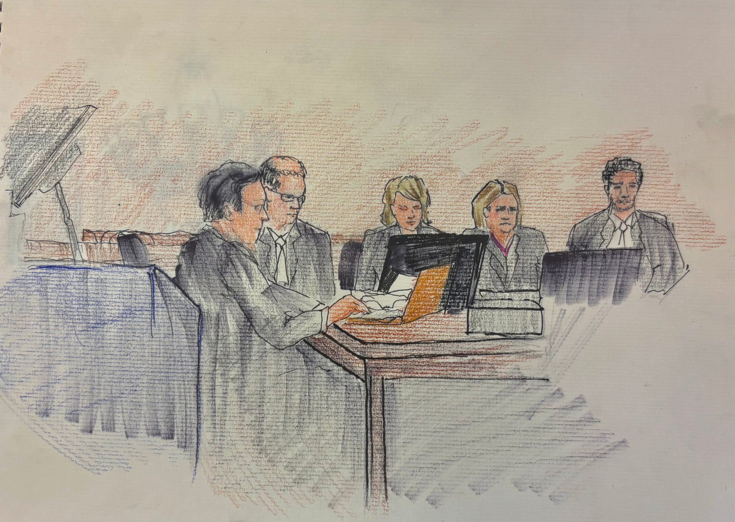 A courtroom sketch shows five people in formal attire seated at tables, with one person typing on a laptop and others looking at screens.