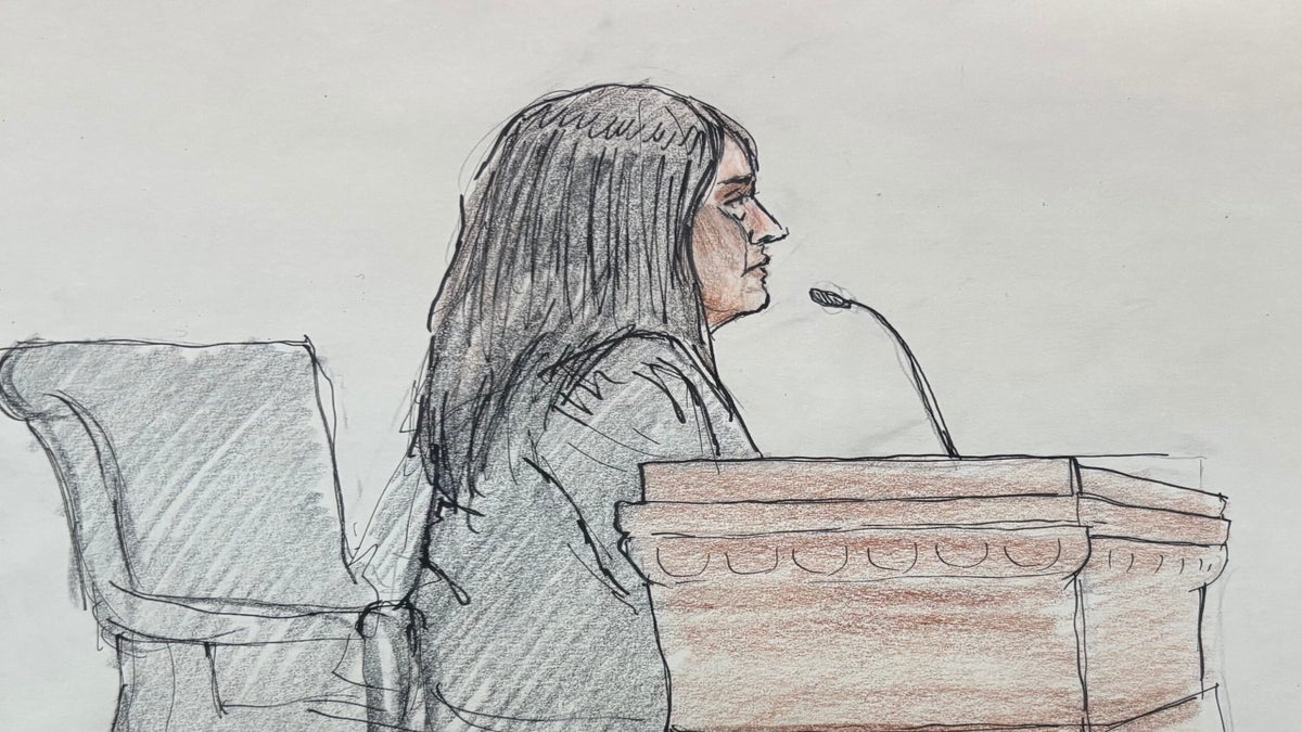 A courtroom sketch shows a woman with long dark hair sitting at a witness stand, speaking into a microphone.