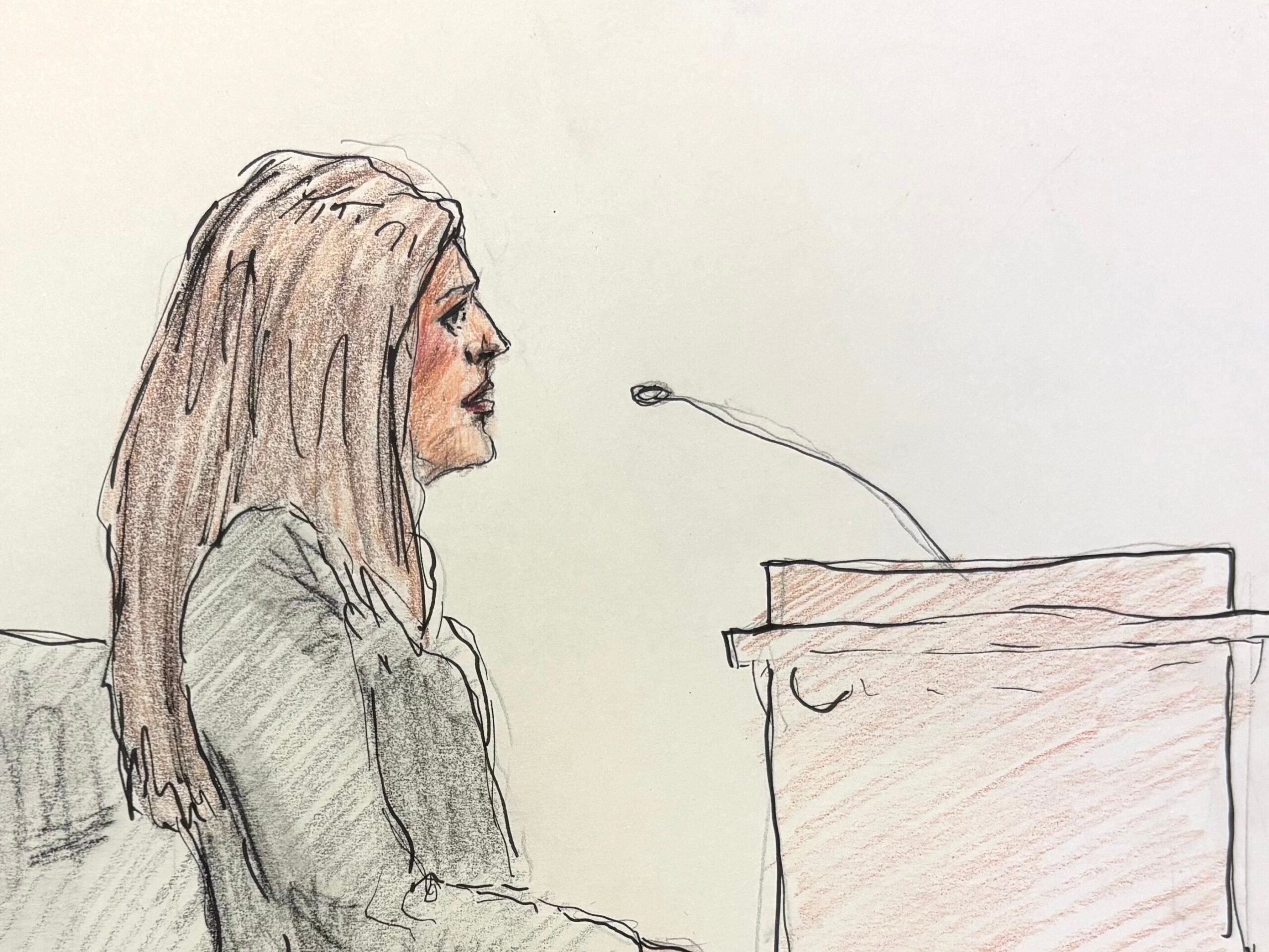 A courtroom sketch of a woman with long hair sitting and speaking into a microphone at a witness stand.