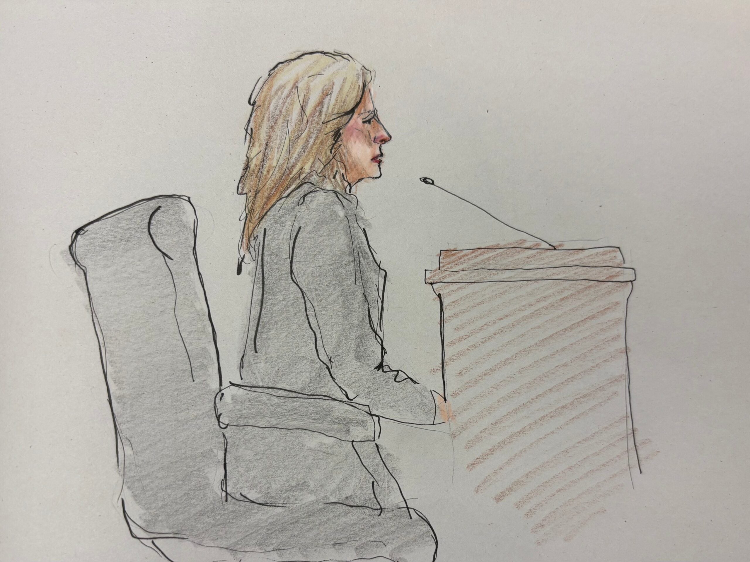 A courtroom sketch of a woman with light hair sitting at a witness stand and speaking into a microphone.