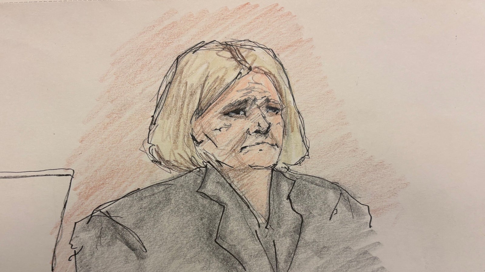 A courtroom sketch of a woman with short blonde hair wearing a dark blazer, looking serious.