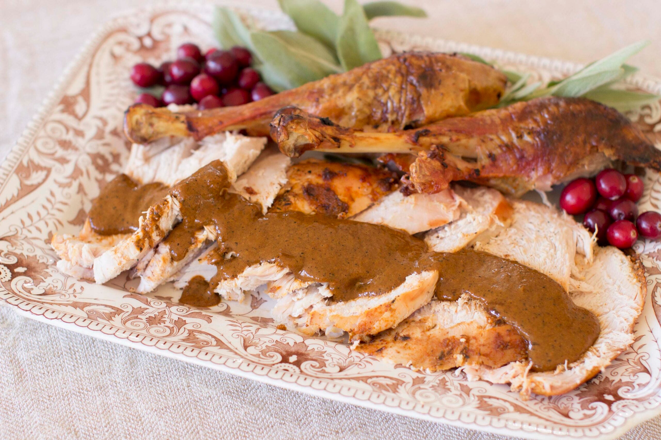 Sliced turkey breast with gravy and two turkey legs on a decorative platter, garnished with sage leaves and fresh cranberries.