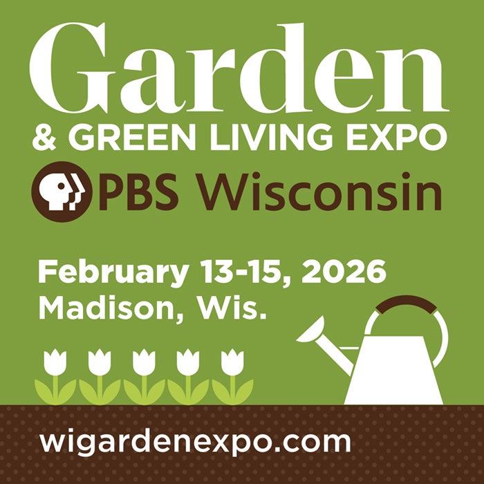 PBS Wisconsin Garden & Green Living Expo event details with dates, location, and website, plus icons of tulips and a watering can on a green and brown background.