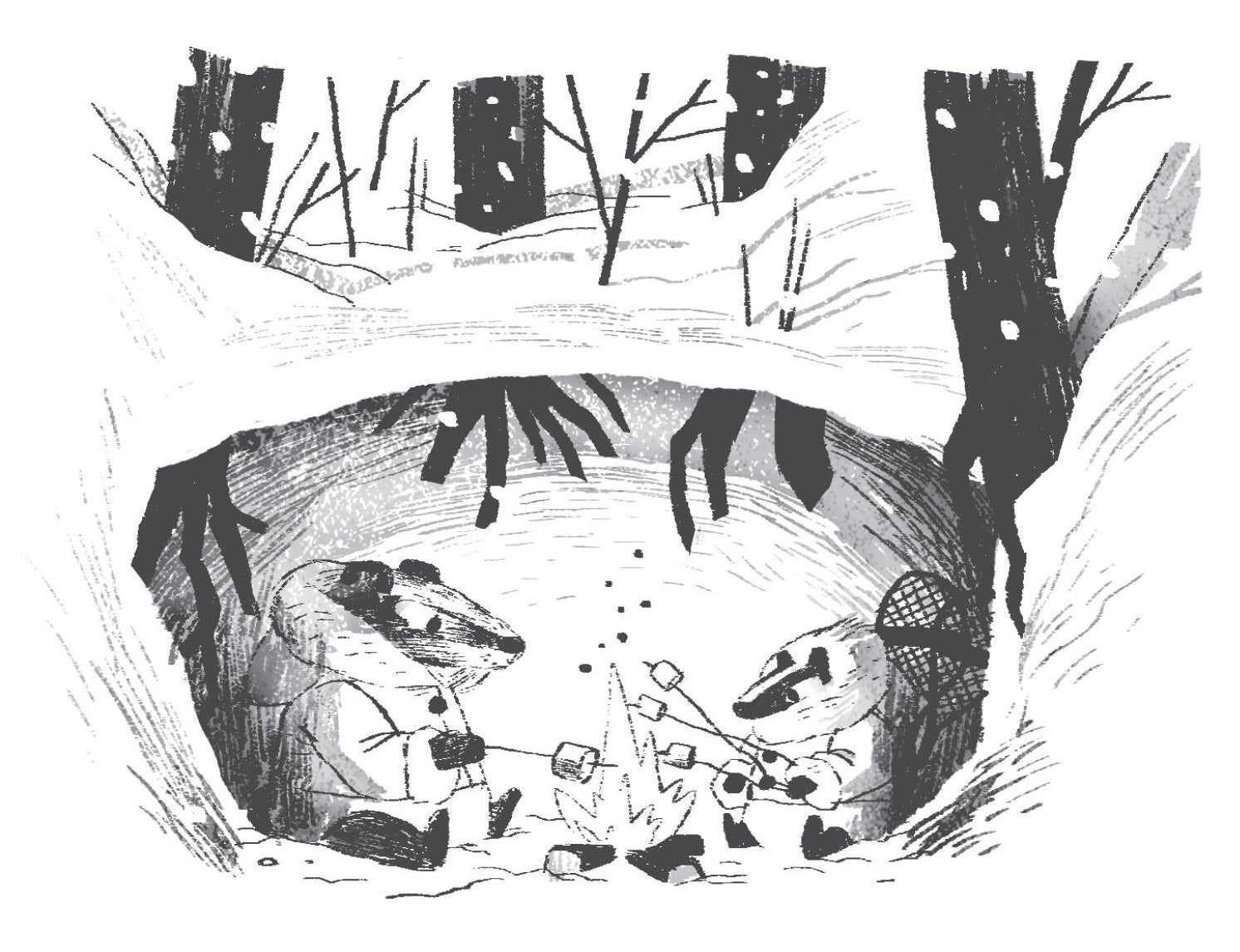 Two animals wearing coats sit inside a snowy cave, roasting marshmallows over a small campfire with snow-covered trees visible outside.