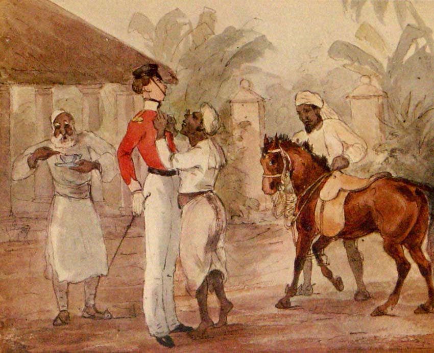 A British officer in red uniform stands outside with three local men; one gestures towards him, another leads a horse, and the third drinks from a bowl.