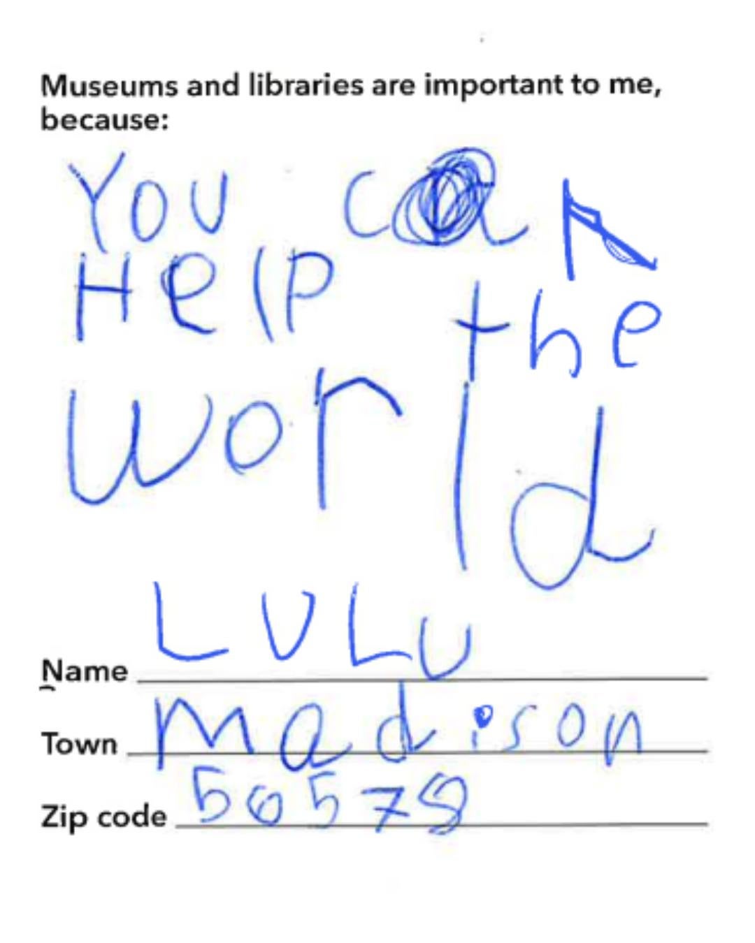A handwritten note by a child says, You can help the world, with the name Lulu, town Madison, and zip code 50579 filled in below.