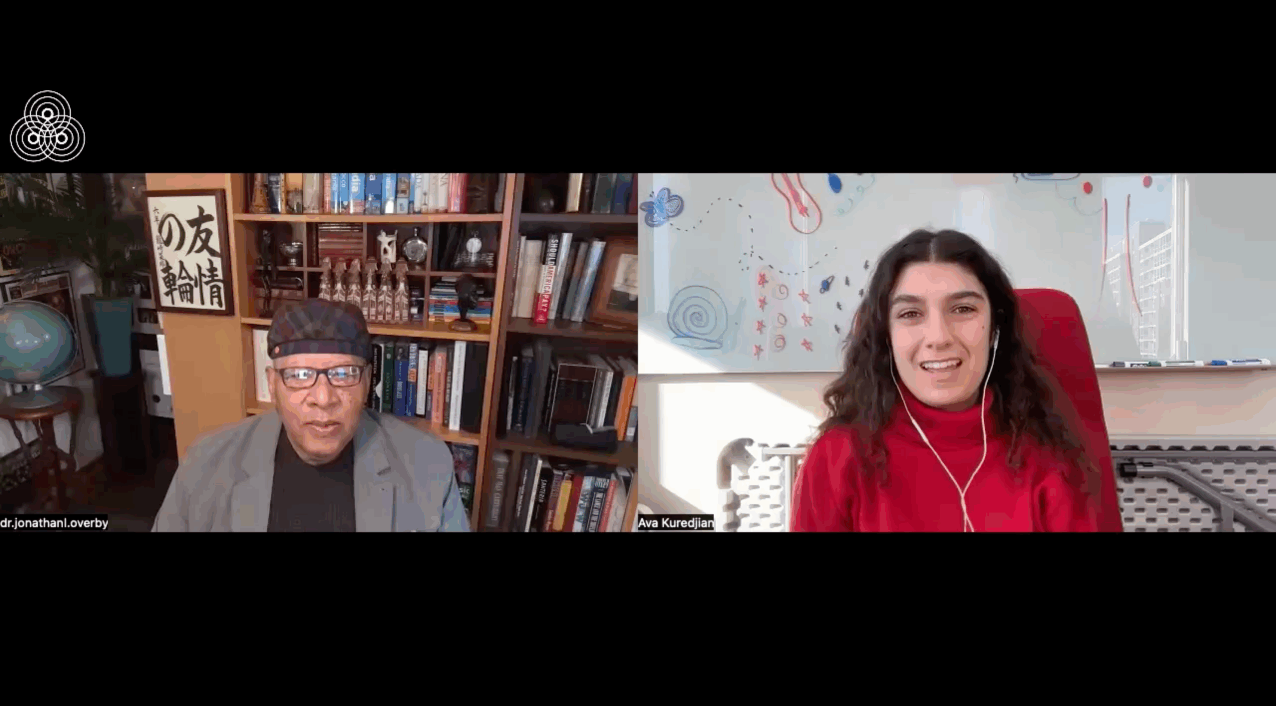 Two people in a video call; the left person is in front of bookshelves, and the right person is sitting near a whiteboard with colorful drawings.