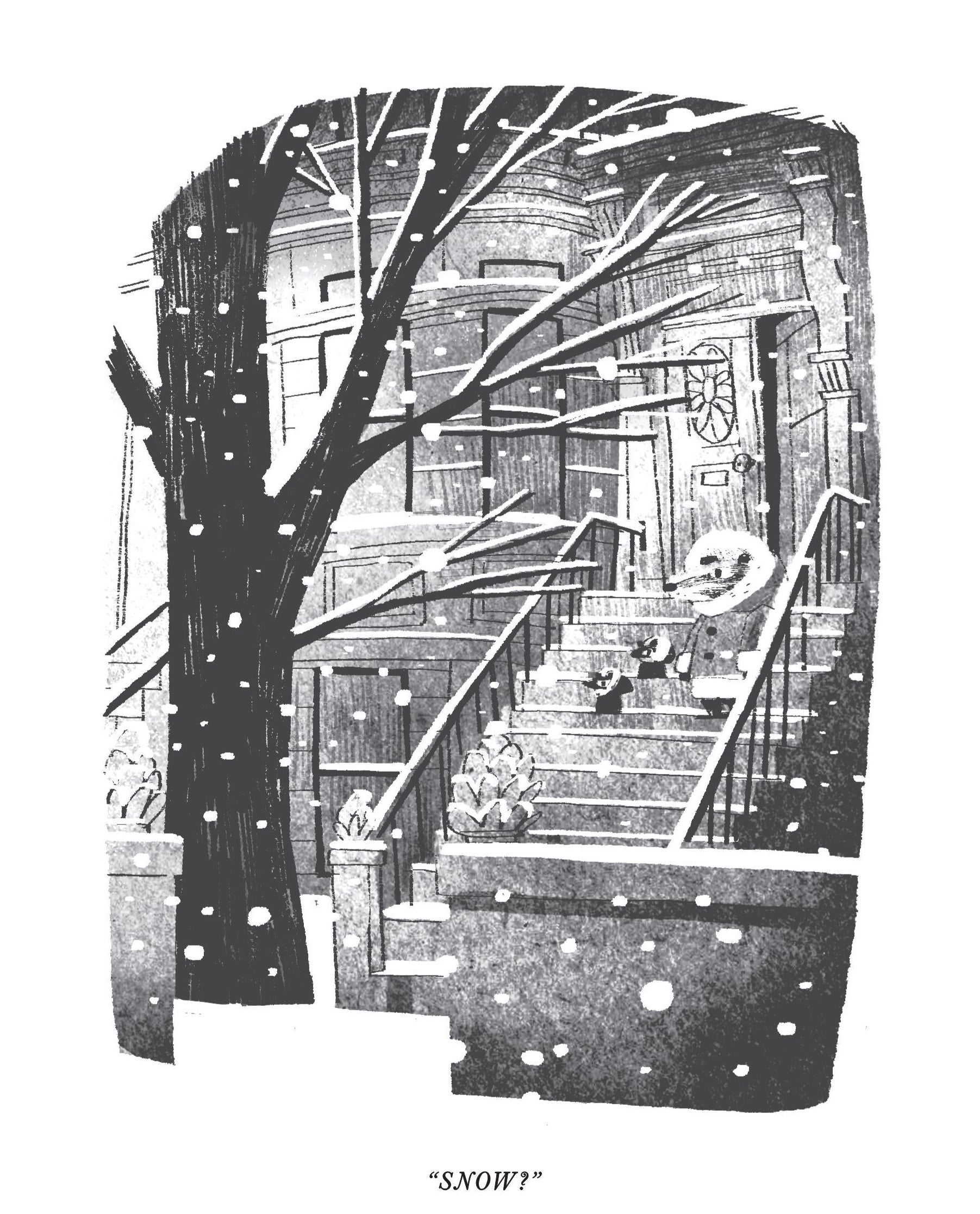 A person wearing a scarf sits on the steps of a brownstone building during snowfall, with bare tree branches in the foreground.