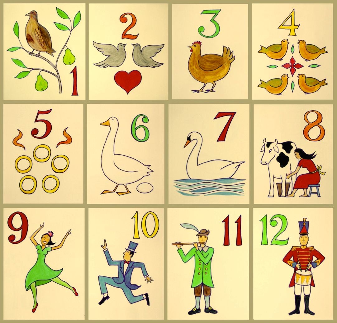 Grid illustration showing symbols for each verse of The Twelve Days of Christmas, including birds, rings, dancers, animals, pipers, and drummers, with numbers 1 to 12.