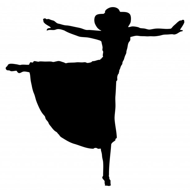 Silhouette of a person wearing a hat and dress, standing on one leg with arms outstretched and the other leg extended to the side.