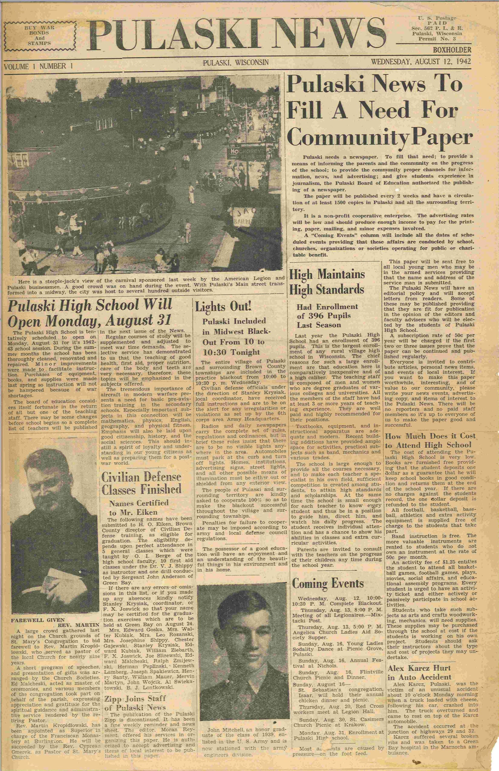 Front page of the Pulaski News, dated August 12, 1942, featuring local news articles, school updates, and black-and-white portraits of community members.