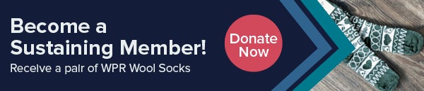 Banner reads Become a Sustaining Member! Receive a pair of WPR Wool Socks. A Donate Now button and patterned wool socks are shown on the right side.