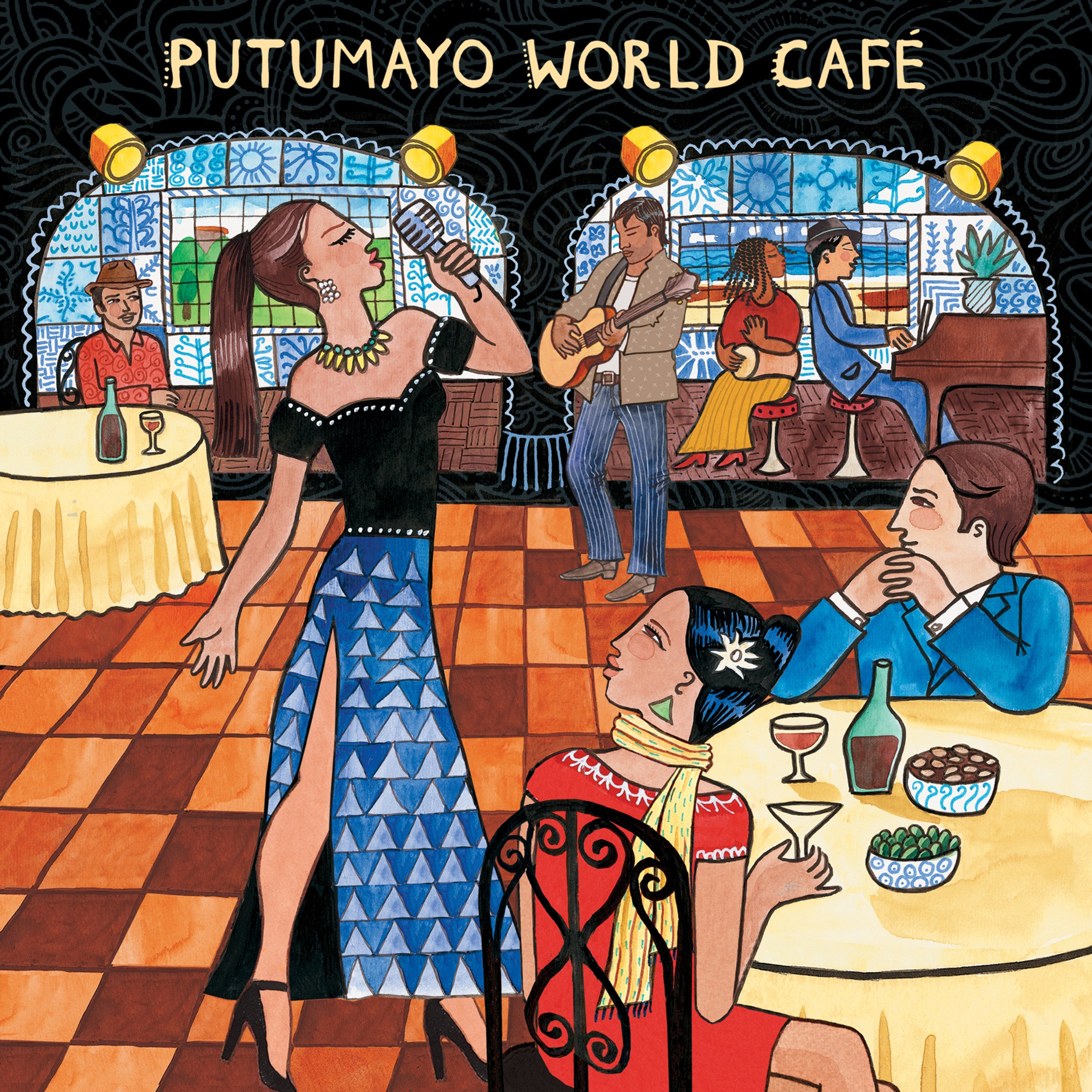 Illustration of a lively café with people dining and drinking, a woman singing, musicians playing guitar, and colorful décor. “Putumayo World Café” is written at the top.