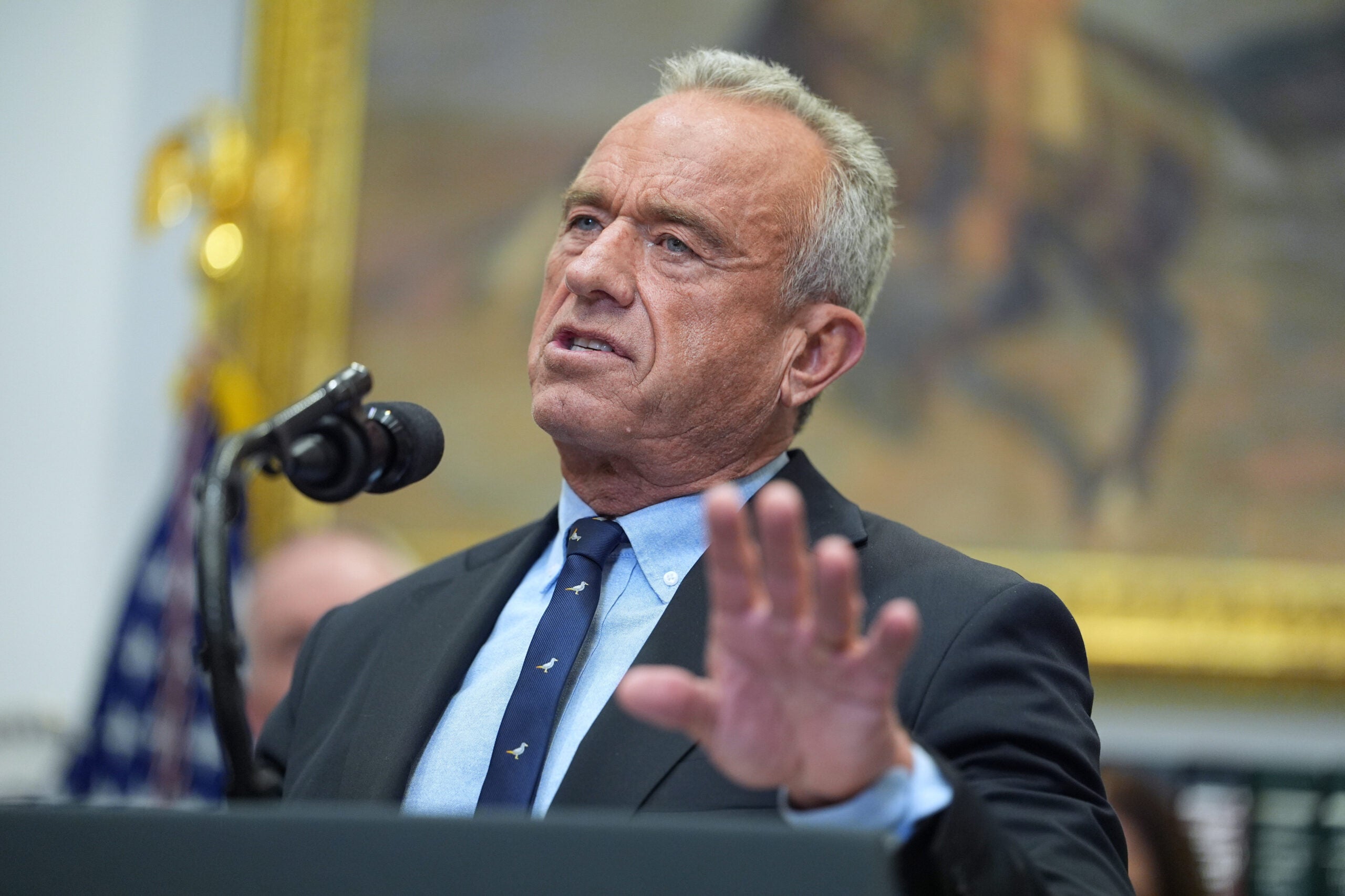 A man in a suit and tie speaks at a podium with a microphone, gesturing with his hand. An American flag and a painting are visible in the background.