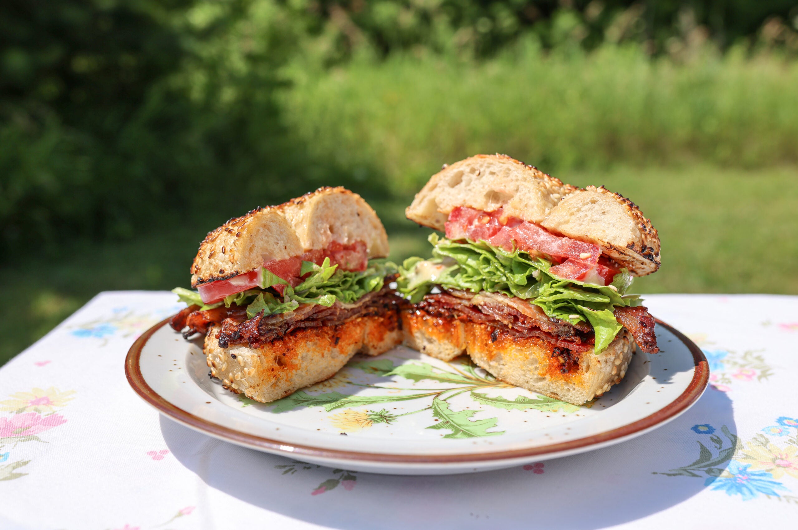 A halved sandwich with bacon, lettuce, and tomato sits on a plate outdoors, with a background of green grass and sunlight.