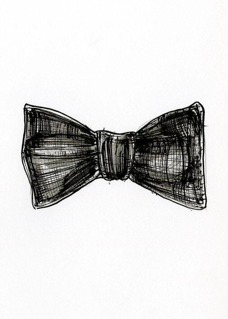 A black ink sketch of a classic bow tie on a plain white background.