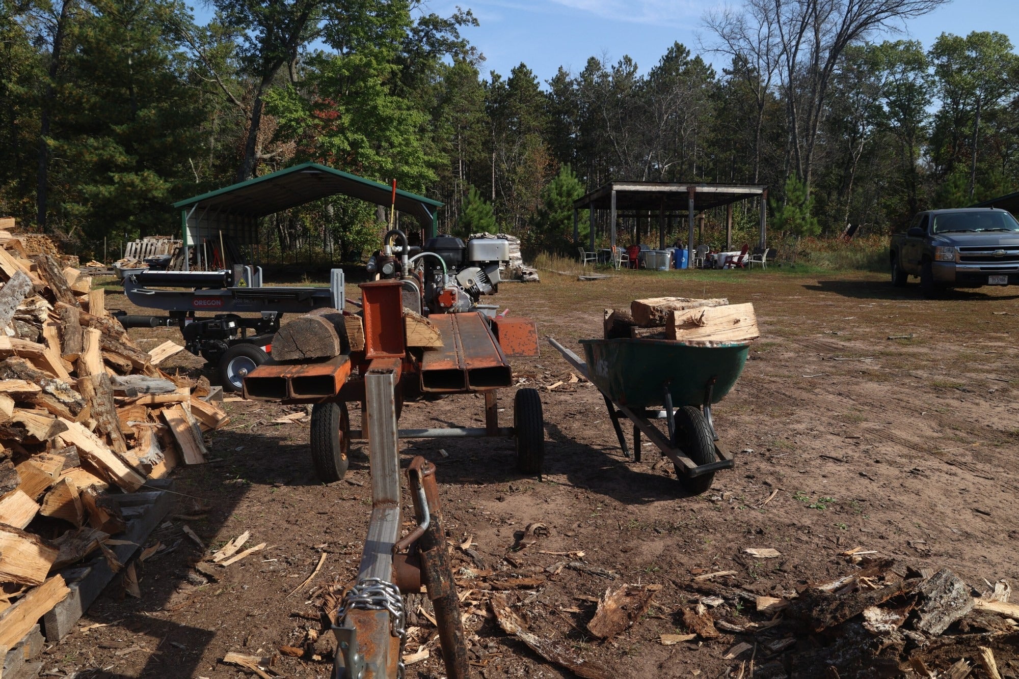A wood splitter stands in front of a wheelbarrow full of split firewood, with wood piles, equipment, and sheltered structures visible in the background.