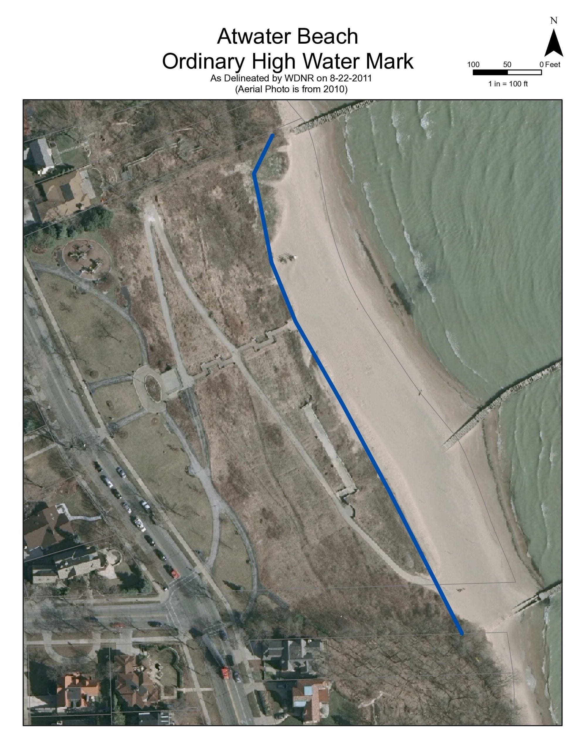 Aerial view of Atwater Beach with a blue line marking the ordinary high water mark along the shoreline.