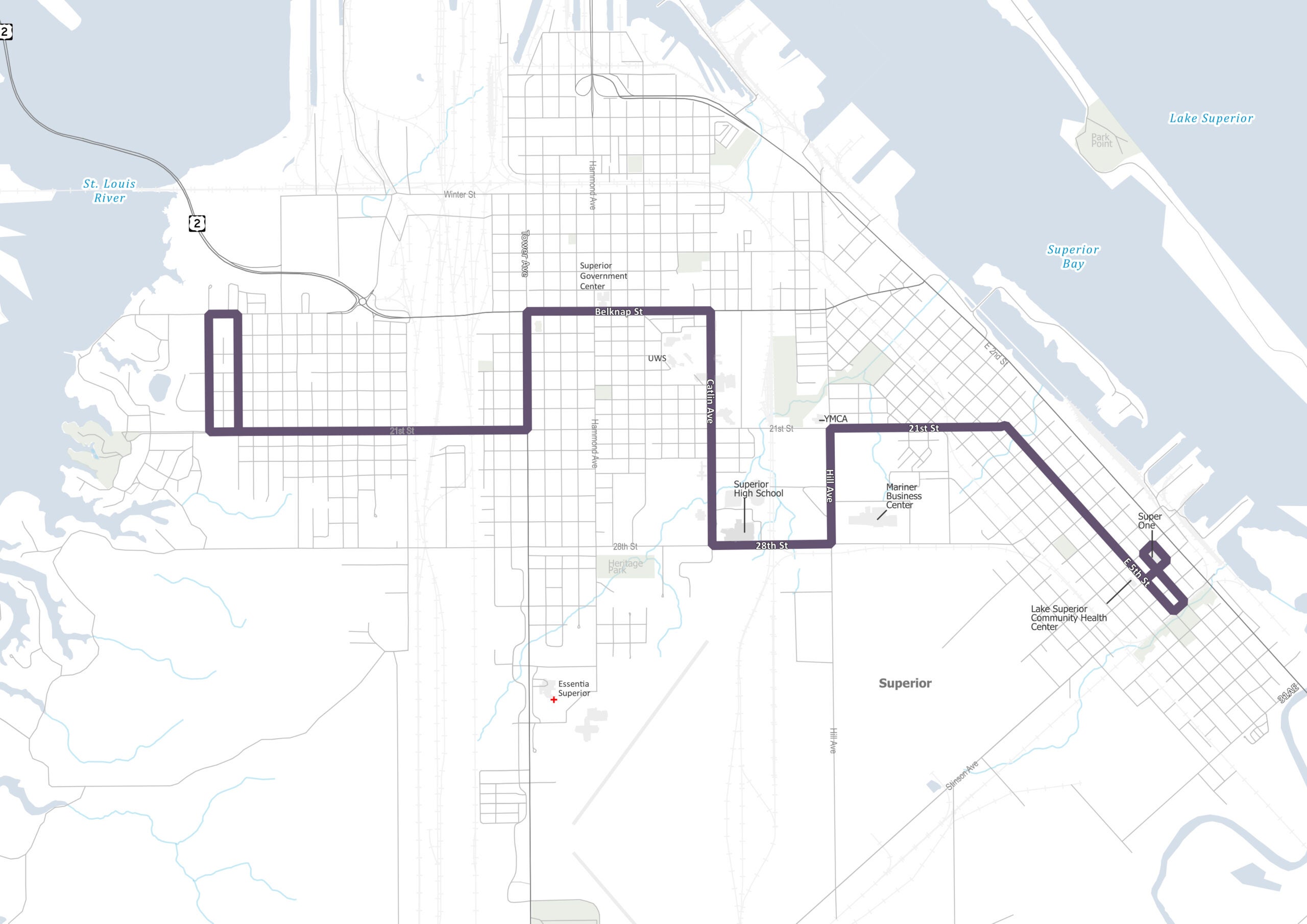 A map shows a dark purple line marking a route through the city grid of Superior, Wisconsin, ending near Lake Superior.
