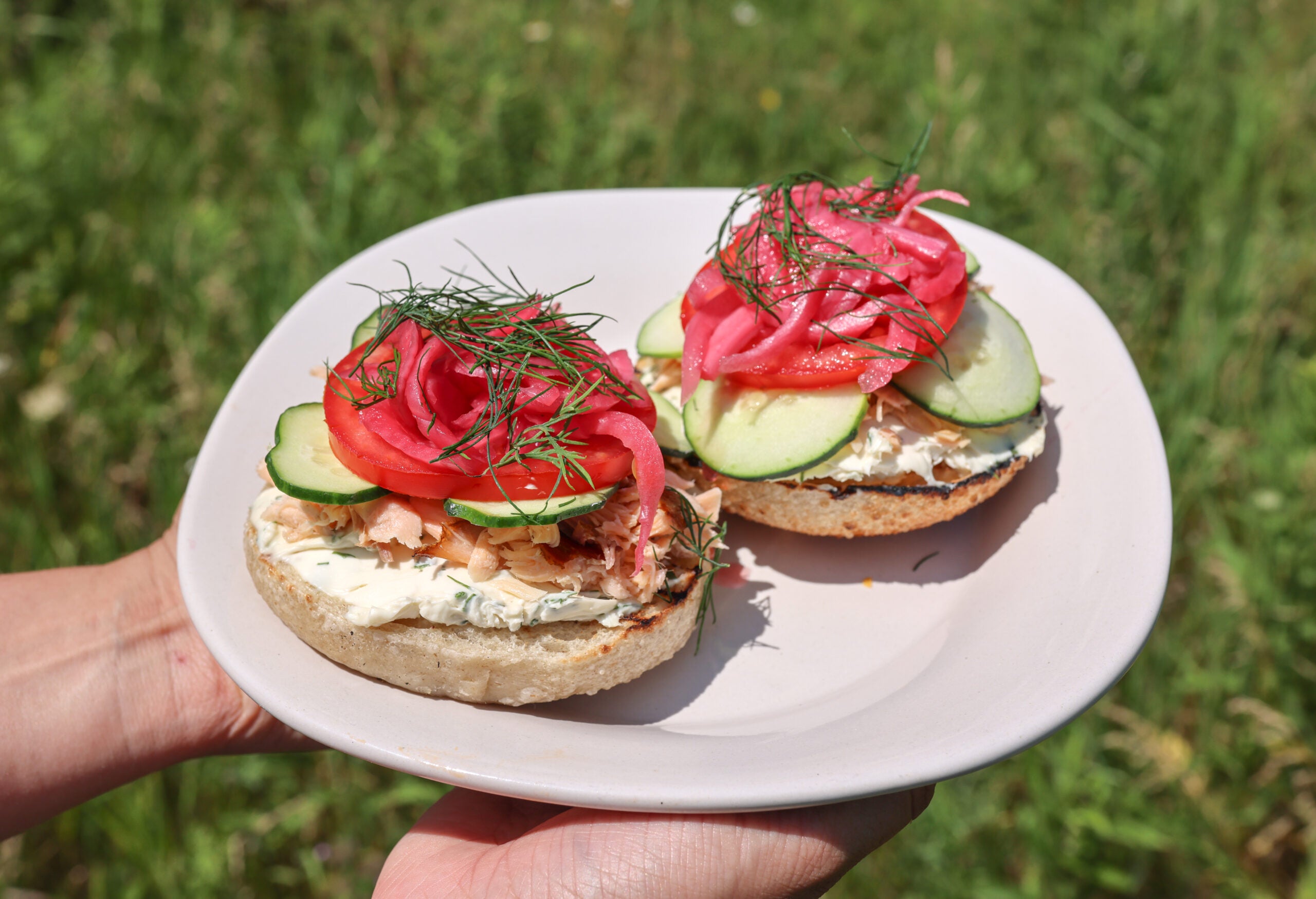 A person holds a plate with two bagel halves topped with cream cheese, smoked salmon, sliced cucumber, tomato, pickled onions, and fresh dill, outdoors with green grass in the background.