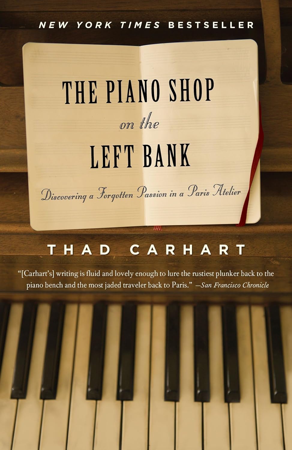 Cover of The Piano Shop on the Left Bank by Thad Carhart, featuring a piano keyboard and a sheet of music with the book title and subtitle displayed.